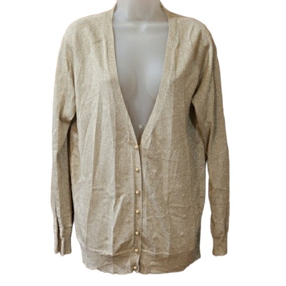 Talbots Gold Sparkle Metallic Cardigan Sweater LG Glam Holiday Office Wear - Picture 1 of 10